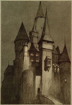 a drawing of a castle at night