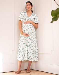 Seraphine's button-through V-neck midi dress provides a flattering silhouette and super-soft feel, ideal for  spring-summer meetups and the perfect holiday companion. Maternity Wear Summer, Maternity Clothes Summer, Summer Maternity, Summer Pregnancy, Stylish Maternity, V Neck Midi Dress, Nursing Dress, White Midi Dress, Maternity Wear