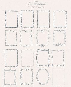 a bunch of different frames with scalloped edges in blue ink on white paper