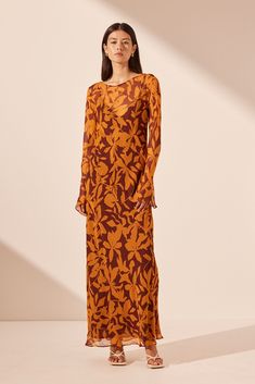 Long sleeve slip maxi dress in the exclusive Natalina floral print in a light weight semi-sheer chiffon. Floral Dress Winter, Tangerine Dress, Slip Maxi Dress, Maxi Dresses Online, Dresses For Wedding Guests, Summer Formal, Shona Joy, Maxi Dress Online, Dresses For Wedding