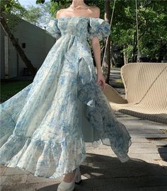 Night Flame Fairycore Dress Pastel Blue Dress Aesthetic, Whimsical Summer Aesthetic, Light Blue Fantasy Dress, Etheral Dresses, Off The Sholder Dress, Water Themed Outfits, Fairycore Design, Dresses Fairycore, Daring Dress