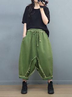 Style: Street Material: Cotton Blend Pattern: Solid Color Length: Ninth Pants/Skirts Decoration: Tassel Closure Type: Drawstring Silhouette: Harem Gender: Female Season: Spring/Fall #dadjeans #fishermanjeans #harempants #fringedjeans Bohemian Drawstring Harem Pants For Spring, Green Drawstring Pants For Fall, Casual High-waist Bottoms With Tassels, Green Drawstring Bottoms For Fall, High Waist Casual Bottoms With Tassels, Fall Green Bottoms With Drawstring, Casual Spring Tassel Pants, Cotton Pants With Tassels For Spring, Spring Cotton Pants With Tassels