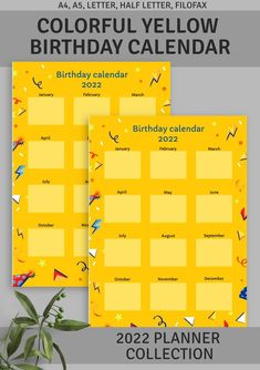 two yellow calendars with the words happy birthday on them and a plant next to it