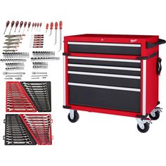 the toolbox is full of tools, including wrenches and screwdrives on wheels