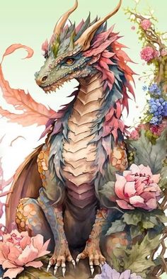 a drawing of a dragon sitting in the middle of flowers