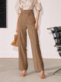 Women Fashion Solid Color Straight-Leg High-Waisted Pants Brown Casual   Fabric Plain Straight Leg Non-Stretch All Women Clothing, size features are:Bust: ,Length: ,Sleeve Length: Pant Suits For Women, Mom Pants, Women's Bottoms, Fashion Design Sketches, Suit Pants, Green And Khaki, Grey And Beige, Style Mistakes, Female Fashion