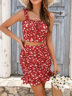 Women's Swimsuit Set: Small Floral Skirt with Chest Cup Strap Vest Top Winter Collection 2023, Women Swimsuit, Fall Winter Collection, Swimsuit Set, Skirt Women, Of Outfits, Vest Top, Summer Outfits Women, Blouse Dress