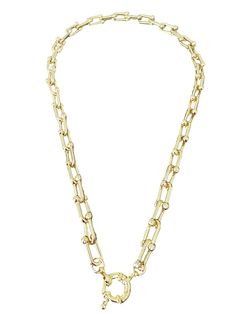 This necklace is a stunning statement piece that features gauge links and a sailor clasp. It is designed to make a bold and eye-catching impact. The necklace measures approximately 16.5 inches in length. The necklace is crafted with gauge links, which are typically larger and thicker than standard links. These robust links add a strong and substantial element to the design, creating a statement-worthy accessory. The gauge links give the necklace a distinctive and edgy look, making it a standout Luxury Polished Finish Rectangular Necklace, Metal Chain Necklace With Round Pendant And Lobster Clasp, Long Metal Cable Chain Necklace, Gold-tone Metal Necklace With Paperclip Chain, Gold-tone Round Pendant Chain Necklace With Lobster Clasp, Gold-tone Chain Necklace With Lobster Clasp And Round Pendant, Metal Cable Chain Necklace, Gold-tone Toggle Chain Link Necklace With Lobster Clasp, Gold-tone Chain Necklace With Lobster Clasp