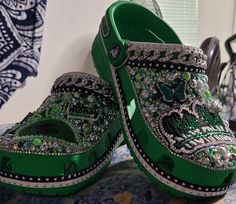 No two crocs are ever the same Customized Crocs Shoes, Blinged Crocs, Croc Designs, Links Incorporated, Blinged Out Crocs, Croc Ideas, Pearl Sneakers, Bling Crocs, Bedazzled Shoes