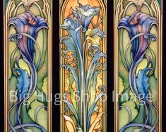 an art nouveau stained glass panel with flowers and leaves on it's sides,