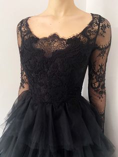 Made to order! Black tulle lace gown. Bodice decorated with vintage style lace appliques, long lace sleeves and back has beautiful little buttons. Ruffle skirt. After you place the order, I will contact you and send the list of measurements I need. Along with instructions on how to take them! I'll make your dress according to your individual measurements. Buyers are responsible for sending me correct measurements! I make this custom dress up to US size 16! Custom orders may take up to 2-12 weeks Alternative Bride Dress, Dress Long Formal, Black Ruffle Skirt, Long Lace Sleeves, Skirt Tulle, Long Formal Gowns, Lace Wedding Gown, Alternative Bride, Prom Dress Long