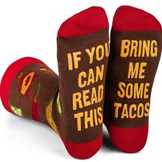 Fabric Type 85% Combed Cotton / 10% Spandex / 5% Elastic Care Instructions Machine Wash Pattern Letter Print About This Item One Size Fits Most: Fits Most Men Us Size 6-13 Feet And Most Women Us Size 7 And Up. A Spicy White Elephant Gift: These Taco Themed Socks For Men And Women Are The Perfect Stocking Stuffer Gift For Men And Women With A Playful Personality Who Are Appreciative Of A Good Gag Gift. Customers Who’ve Bought These Socks For Gift Swaps Rave About How Many People Fight Over Them! Small Christmas Gifts For Kids, Orange Knee High Socks, Gifts For Teenage Guys, Christmas Party Ideas Games, Game Gift Ideas, Meat Gifts, Sushi Socks, Donut Socks, Novelty Gifts For Men