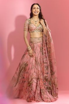 Pink lehenga featuring floral garden prints and an embroidered broad waistband with sequins and mirror work. Accompanied by a printed blouse with sequin and mirror embroidery, and a dupatta adorned with floral and sequin embroidered buttis., Fit: Relaxed Mahima Mahajan, Mirror Embroidery, Pink Lehenga, Garden Print, Floral Garden, Mirror Work, Sweetheart Neck, Raw Silk, Set Women