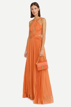 Arabella Chiffon Graceful Backless Maxi Dress – PrincessAce Orange Evening Gown, Orange Gown, Sunset Dress, Pleated Chiffon Dress, Maxi Party Dress, Cross Front Dress, Halloween Skirt, Pleated Gown, Maxi Dress Wedding Guest