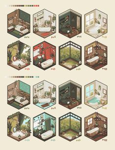 an image of various rooms and bathrooms in pixel style