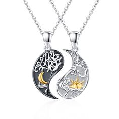 PRICES MAY VARY. 💕"Yin Yang Necklaces" - Half of the necklace is engraved with the warmth of the sun, and the other half is engraved with the moon, both engraved with tree of life, symbolizing the inseparable connection and relationship between each other with whole life. 💕"Matching Couples Necklaces" - Made of 925 sterling silver, hypoallergenic, anti-tarnish, lead-free, and cadmium-free. The sun, moon, and tree of life are handcrafted and embellished with plating for a delicate and romantic Silver Round Pendant Necklace For Friendship, Sterling Silver Pendant Necklaces For Friendship, Silver Clavicle Chain Necklace For Friendship, Sterling Silver Engraved Necklace For Friendship, Engraved Sterling Silver Necklace For Friendship, Engraved Sterling Silver Friendship Necklace, Spiritual Silver Necklaces For Friendship, Sterling Silver Necklace For Friendship, Customized Silver Charm Necklace For Best Friend