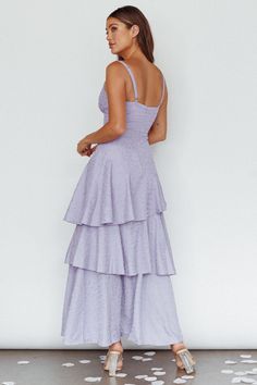 Lavender Boho Dress, Pale Lavender Dress, Light Blue Dress Plus Size, Maxi Dress With Adjustable Straps For Brunch, Maxi Length Dress With Adjustable Straps For Brunch, Layered Fitted Maxi Dress For Party, Chic Fitted Layered Maxi Dress, Chic Layered Fitted Maxi Dress, Fitted Maxi Dress With Layered Tiered Skirt