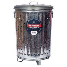 a large metal trash can with holes on the side and lid, sitting against a white background