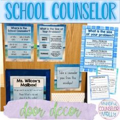 a bulletin board with the words school counselor written in blue and green on it's front