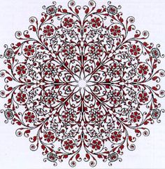 a circular design with red flowers and leaves on the center, is shown in white