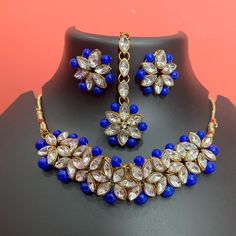 Pakistani Necklace Set With Earrings, Choker Necklace A Headpiece. Perfect For Wedding, Festivals, Party Or Engagement Dress. Faux Kundan Necklace Set With Royal Blue Faux Pearls. Free Gift. Blue Kundan Necklace For Celebration, Blue Beaded Bridal Necklace For Party, Blue Kundan Necklace For Festive Occasions, Blue Kundan Necklace For Festive Gift, Blue Kundan Necklace For Festive Occasions As A Gift, Festive Blue Beaded Kundan Necklace, Traditional Blue Jewelry Sets, Traditional Blue Necklaces For Formal Occasions, Blue Beaded Jewelry Sets For Party