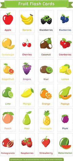 fruit flash cards with different fruits and vegetables