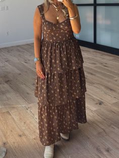 Serena Tiered Dress | Brown Floral Brown Pattern Dress, Brown Floral Dress, Skirt Model, Tiered Ruffle Skirt, Tiered Midi Dress, Dress Inspo, Brown Floral, Brown Dress, Ruffle Skirt