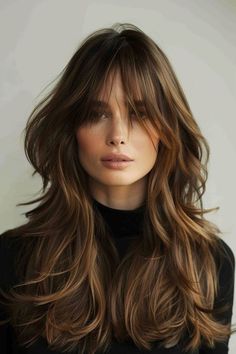 Shag Haircut Big Forehead, Long Hair Cuts 2024 Trends, Long Hair Volume Haircut, Long Hair Long Bangs, Long Hair With Short Layers, Layered Hair With Bangs, Brunette Balayage Hair