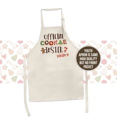 an apron with the words official cookie taster on it and a sticker next to it