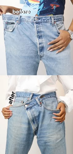 Deconstructed Jeans Diy, Denim Refashion Diy, Jeans Too Big, Diy Crossover Jeans, Altered Jeans, Upsize Jeans, Jeans Makeover, Jeans Transformation Ideas, Jeans Diy Upcycle