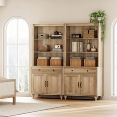 a living room with an open bookcase and large windows