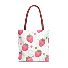 Introducing our adorably chic tote bag! Perfect for adding a pop of fruity fun to your daily style, this tote features a delightful pink strawberry design. Carry your essentials with a playful twist with our Pink Strawberry Bubbles Tote Bag. Available in 3 sizes to add both functionality and style, these tote bags come with multiple handle colors to match your designs. Made with spun polyester, these bags feature double-stitched seams, cotton webbing straps, and nonwoven laminate lining for high Trendy Pink Bag With Strawberry Print, Trendy Pink Strawberry Print Bag, Trendy Rectangular Bag With Strawberry Print, Pink Strawberry Print Bag As Gift, Rectangular Bags With Strawberry Print As Gift, Rectangular Bag With Strawberry Print As Gift, Rectangular Bags With Strawberry Print For Gifts, Casual Rectangular Bag With Strawberry Print, Cute Strawberry Print Bags For Everyday Use