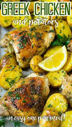 chicken and potatoes on a sheet pan with lemons