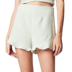 Blank Nyc Size L Mint Green & White Gingham Plaid Ruffle Bottom High Rise Shorts Hidden Side Zip Up Closure Elastic Ruched Accent At Back Waist Ruffle Trim Legs In Slightly Smaller Plaid Print In Same Color Textured Light Weight Poly/Spandex Stretch Blend Woven Fabric Excellent Nwt Condition! No Flaws! Front Rise 13 1/2” Waist From Side To Side 15” Hip From Side To Side 22” Inseem Length 3” Leg Width From Side To Side 14” 1306 Summer High-waisted Shorts For Picnic, High-waisted Summer Shorts For Picnic, Spring Gingham Shorts, High-waisted Shorts For Summer Picnic, Summer Brunch Shorts With Ruffles, Chic Green Bottoms With Ruffle Hem, Summer Picnic Shorts With Elastic Waistband, Spring Vacation Gingham Bottoms, Summer Shorts With Elastic Waistband For Picnic