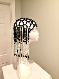 Messy Cleopatra Head Cap Black White Pearl-like Headdress - Etsy Head Beads Hair Accessories, Head Accessories Fashion, Beaded Head Piece, Black Flapper Headpiece For Costume Party, Vintage Black Headpieces For Costume Party, Elegant Black Festival Headpieces, Elegant Handmade Black Headpiece, Head Accessories Aesthetic, Black Dress Accessories Jewelry Formal