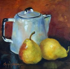 a painting of two pears and a teapot