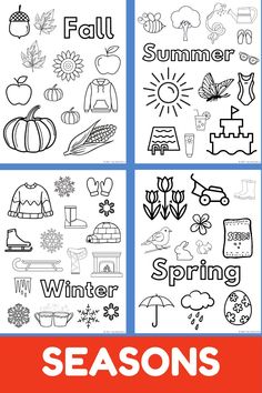 four seasons coloring pages with the words seasonal and winter in black and white on them