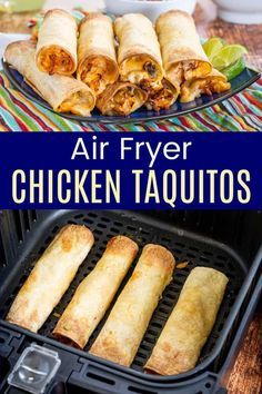 air fryer chicken taquitos on the grill with text overlay