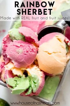 rainbow sherbet made with real fruit and fruit juices in a metal container