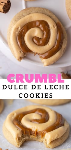 some cookies with peanut butter on them and the words crumbl dulce deliche cookies