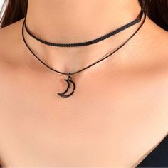 Nwt Black Faux Suede Double Strand Choker With Moon Pendant! So Cute!! Great For Layering Too! Chokers Black, Choker Aesthetic, Moon Choker Necklace, Black Leather Choker, Santa List, Tattoo Choker, Lydia Deetz, Choker Dress, Choker Style Necklace