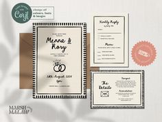 wedding stationery suite with matching envelopes and save the date cards in black and white