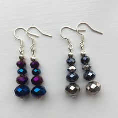 "*Handmade items *Materials: metallic rondelles (blue, purple, black, silver), silver-plated hooks, beaded on earring pins  *Earring length: approximately 1.5\" [4 cm] including the hooks If another length is preferred, contact seller   Includes gift box 4cm x 5cm" Silver Beaded Earrings With Spacer Beads, Silver Spacer Beads Drop Earrings, Silver Beaded Earrings With Faceted Beads, Silver Round Beaded Earrings With Faceted Beads, Silver Dangle Beaded Earrings With Spacer Beads, Chip Bead Jewelry, Ephesians 3 20, Earring Pins, Diy Jewelry Unique