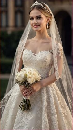 a woman in a wedding dress holding a bouquet