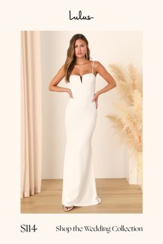 a woman in a white wedding dress with the words shop the wedding collection on it