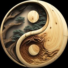 a wooden yin - yang with trees and moon in the middle, on a white background