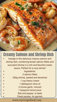 salmon and shrimp dish on a plate with text describing it's different types of seafood