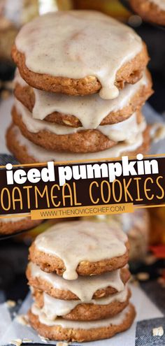 iced pumpkin oatmeal cookies stacked on top of each other with icing