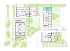 the site plan for an apartment complex with lots of green trees and blue sky in the background