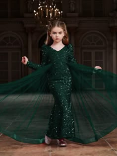 Verde Oscuro Fiesta Collar manga larga Lentejuelas Liso Apretado Embellished Elástico Ligero Todo Stretch Party Dresses, Prom Dresses For Kids, Cute Bodycon Dresses, Kids Gown Design, Party Dress For Kids, Mermaid Party Dress, Sequin Mermaid Dress, Girl Green Dress, Wedding Dresses For Kids